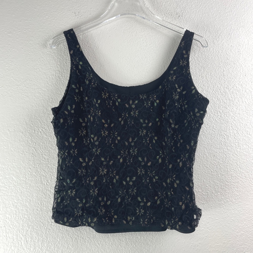 Sandra Darren Womens Black Floral Lace Iridescent Tank Top Side‎ Zip Size 10